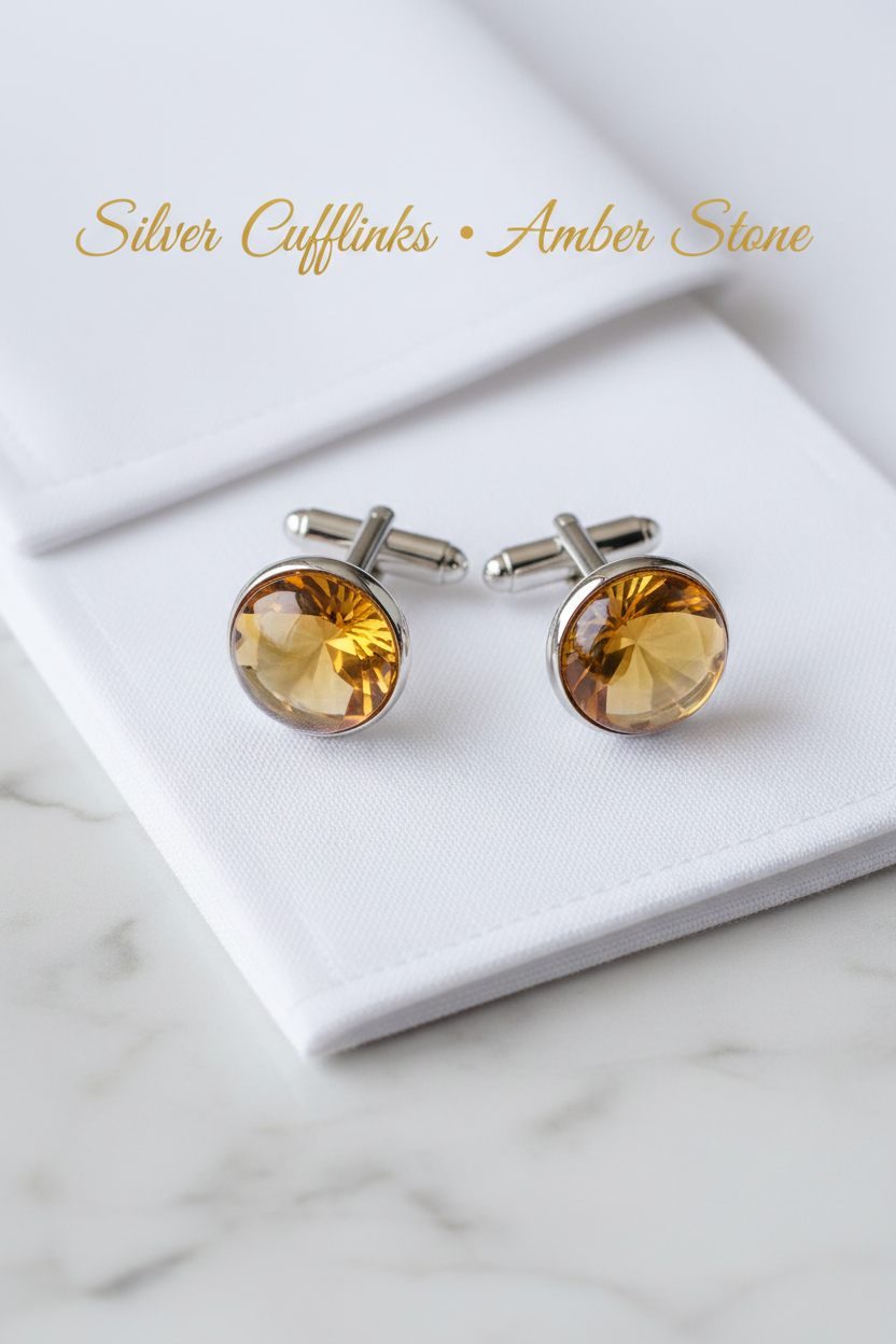 Silver Cufflinks Amber Stone