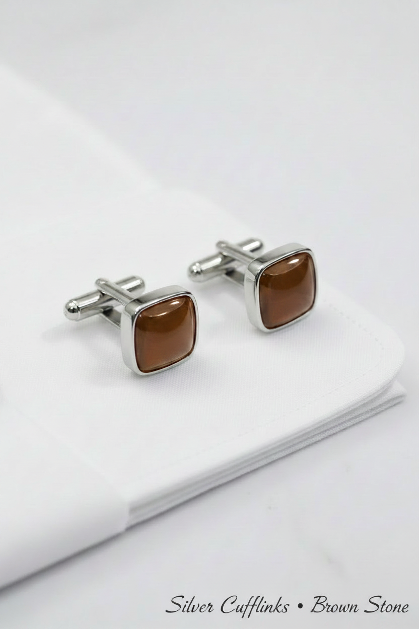Silver Cufflinks • Brown Stone