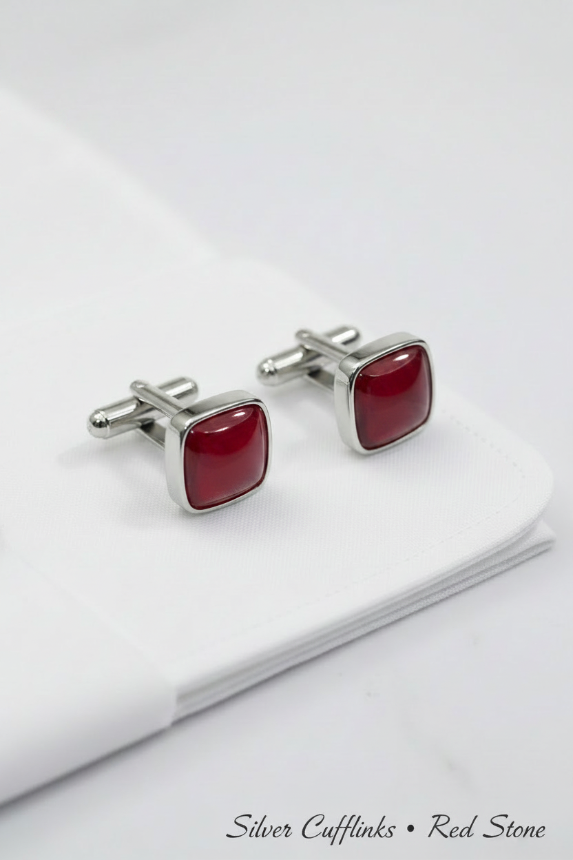 Silver Cufflinks • Red Stone